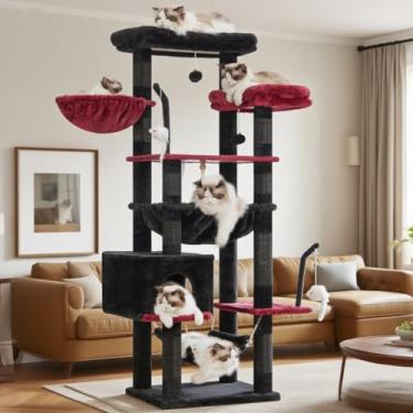 Imagem de Gitelsnour Árvore gótica para gatos, torre de gatos grandes com 2 plataformas grandes, 2 cestos, condomínio e brinquedos, postes de arranhar gatos de 160 cm para gatos internos, preto e vermelho