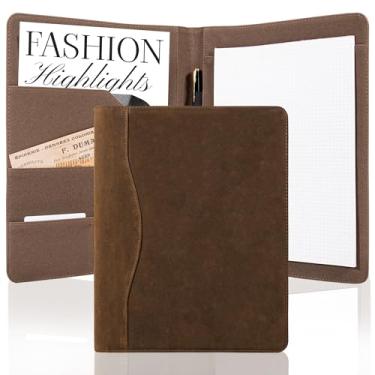 Imagem de AZXCG Pasta de couro genuíno para portfólio, pasta de currículo para entrevistas, porta-cartões de visita, organizador com almofadas legais A4 para homens e mulheres (marrom)