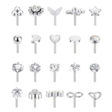 Imagem de Tornito 20 peças de anéis de nariz sem rosca de aço inoxidável push in tops de substituição CZ borboleta cartilagem hélice tragus concha lábio labret piercing de narina para mulheres homens 16G 18G