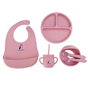 Imagem de ZARNIGROW Conjunto de alimentação para bebê, 6 peças de louça de silicone. Tigela de sucção forte, copo com canudo, babador e utensílios (rosa)