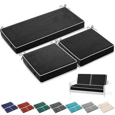 Imagem de Chunful Conjunto de 3 almofadas para cadeira ao ar livre, 111 x 48 cm, à prova d'água, tufado, para móveis de pátio, com laços, almofada de sofá de sofá de vime para sofá quadrado (preto)