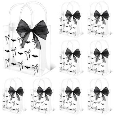 Imagem de Whaline 12 peças de sacos de presente de PVC transparente arco de morcegos pretos para lembrancinhas de festa com alças sacola de presente com fita para chá de bebê de aniversário, feriado