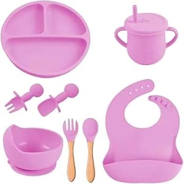 Imagem de Kit Introdução Alimentar Bebe 8 Peças Silicone Iniciação Para Alimentos Livre de BPA Atóxico Antibacteriano Seguro Sem Pontas Colher, garfo, copinho, pote e pratinho Criança (Rosa)