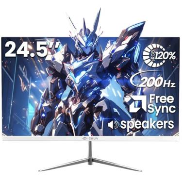 Imagem de CRUA Monitor de jogos branco de 24,5 polegadas, monitor de computador com tela VA 200Hz FHD (1920 * 1080P), suporta sincronização livre, 120% sRGB, filtro de luz azul, alto-falantes embutidos