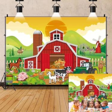 Imagem de Pano de fundo de celeiro vermelho de fazenda para crianças, decorações de festa de aniversário, desenho animado, animal, celeiro, celeiro, trator, vaca, trator, chá de bebê, suprimentos de mesa