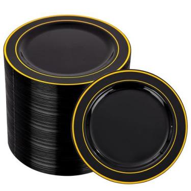 Imagem de Pratos de plástico BuCla Black Gold 16 cm 100 unidades de sobremesa/sa