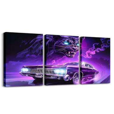 Imagem de Feelyou Pintura de parede de carro de corrida leopardo carro de corrida decoração de parede de escritório pôsteres roxo banheiro arte de parede para decoração de casa para crianças meninos meninas