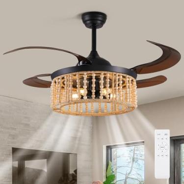 Imagem de APBEAMLighting Ventilador de teto retrátil de 122 cm com luzes e controle remoto, ventilador de lustre reversível Boho com contas de madeira para casa de fazenda ventilador de teto preto boêmio