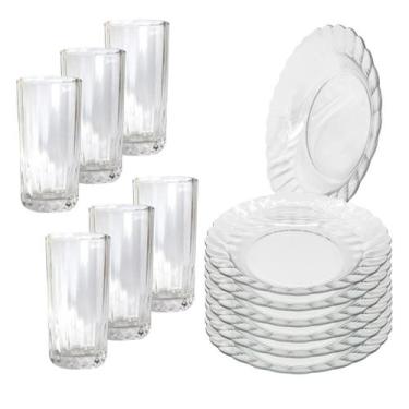 Imagem de Jogo 12 Peças Aparelho de Jantar 6 Pratos Fundo Liso Vidro + 6 Copos L