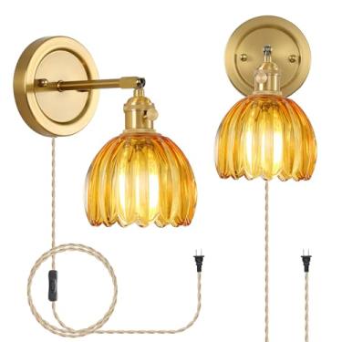 Imagem de OURIFU Arandelas de parede com plugue conjunto de 2 luzes de parede vintage de cabeceira de quarto com sombra de vidro tulipa 180° ajustável arte vitoriana luminária de parede moderna decoração para