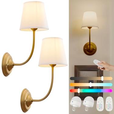 Imagem de HEQIQEH Arandelas de parede sem fio, conjunto de 2 lâmpadas de parede vintage de bateria dourada com braço longo curvo, cortina de tambor de tecido branco, LED de 15 cores, sem fiação, luz de parede