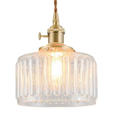 Imagem de Luzes pendentes de vidro para ilha de cozinha, iluminação pendente vintage listrada transparente para quarto de quarto, luminária pendente de latão para casa de fazenda com sombra de vidro para sala