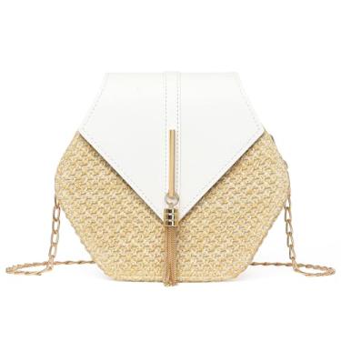 Imagem de GOIACII Bolsa tiracolo feminina Straw Summer Shoulder pequena bolsa de praia com borla de corrente de metal, Branco