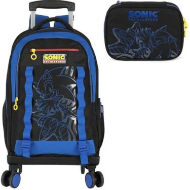 Imagem de Mochila Infantil Rodinhas Sonic com Estojo 100 Pens Azul