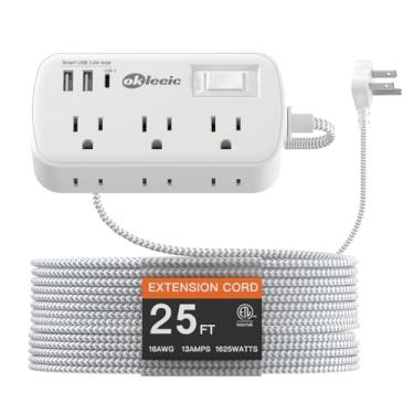 Imagem de Cabo de extensão de 7,6 m, várias tomadas, 6 tomadas CA, 3 USB (5 V/3,4 A 17 W), cabo de extensão trançado longo, suporte de parede para casa, faculdade