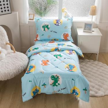 Imagem de Caressma Conjunto de edredom solteiro, 5 peças, estampa de edredom macio, lindos dinossauros azuis. Inclui edredom, lençol de cima, fronha e fronha para crianças