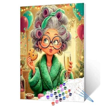 Imagem de Pintura DIY por números para adultos, pintura acrílica, pintura a óleo, faça você mesmo, kits de pintura para avó feliz, mulher idosa comendo biscoitos, decoração de sala de estar, presente de 40 x 50