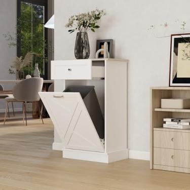 Imagem de Caixote de lixo inclinável sem lixeira vertical para cozinha - Armário de lixo de reciclagem de madeira com gaveta - branco