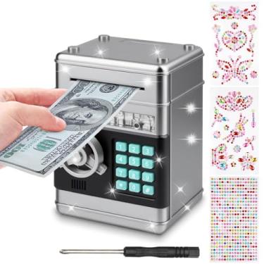 Imagem de Cofrinho para crianças, meninas, meninos, com código de senha, cadeado para moedas, cofrinho para meninas, cofre eletrônico para crianças, caixa de dinheiro com adesivo de diamante faça você mesmo