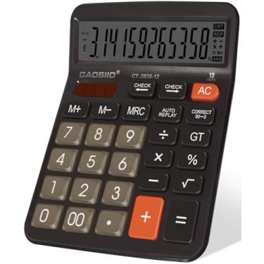 Imagem de HUTUDD Calculadora de mesa com tela LCD extra grande de 12,7 cm, 12 dígitos, energia solar e bateria, botão grande, função padrão para negócios, escritório, escola (preto)