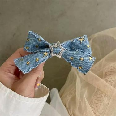 Imagem de Grampos de cabelo de cristal com laço de brim fofos grampos de bico de pato strass grampos de cabelo femininos presilhas acessórios de cabelo