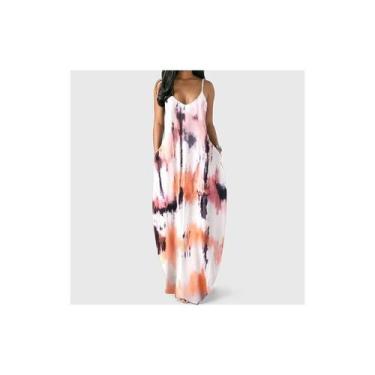 Imagem de Vestido feminino casual com estampa tie-dye, sem mangas, bolso com dec