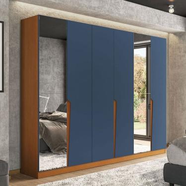 Imagem de Guarda-Roupa Casal Porto 6 Portas 4 Gavetas com Espelho Freijó/Azul - Politorno