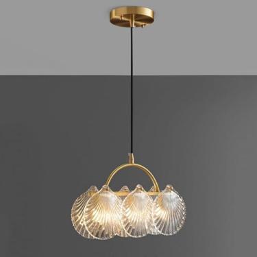 Imagem de Lustre Linear 3 Luzes Lustre LED Luminária Pendente Vidro Nervurado Concha do Mar Costeira Teto Pendurado Lâmpada Ouro Nordic Moderna Iluminação Para Quarto Cozinha, Luz Tricolor