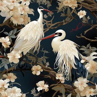 Imagem de Papel de parede vintage branco guindaste pássaro bege amarelo marinho flor descascar e colar papel de contato vinil vintage em papel de parede para quarto, banheiro, armário de cozinha adequado para