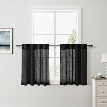 Imagem de Nanspring Cortinas de linho preto de 61 cm de comprimento para janelas pequenas de privacidade com filtro de luz com aba traseira e varão para porão/cortinas pequenas, 66 x 61 cm, 2 painéis
