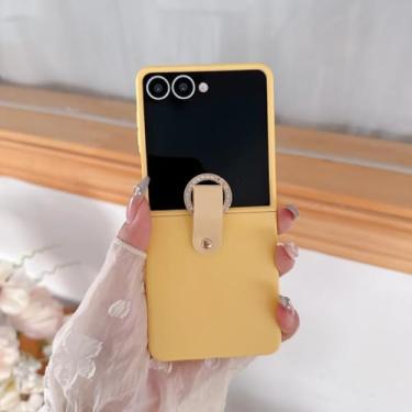 Imagem de Capa de celular com anel de diamante colorido e moderno para Samsung Galaxy Z Flip 6 5 4 3 com fivela de dedo e cor sólida (para Galaxy Z Flip4/Amarelo)