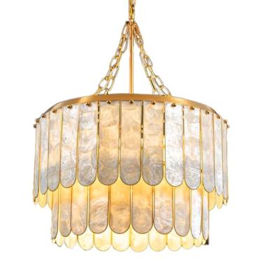 Imagem de M MAONIANTAN Lustre de concha natural campestre estilo francês, quarto, sala de estar, sala de jantar, sala de estudo, hotel, villa, luminárias de luxo leve e simples