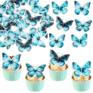 Imagem de Ephlyn 48Pcs Edible Butterfly Cake Decorations Wafer Paper Butterflies Cupcake Toppers Butterfly Decorations for Wedding Birthday Anniversary Baby Shower Party Decorating Supplies Blue