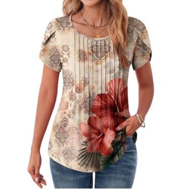 Imagem de Blusa Zeagoo feminina com gola redonda, camiseta boêmia, floral, GG