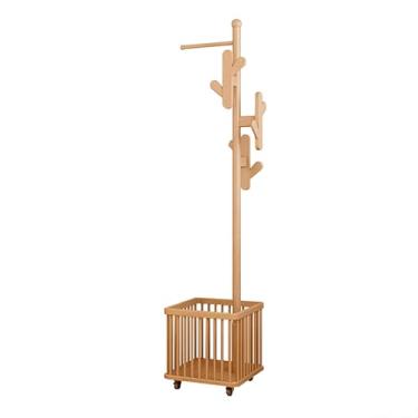 Imagem de Cabide de madeira com cesta de armazenamento em pé árvore com polia cabide de chão moderno cabide de roupas leve