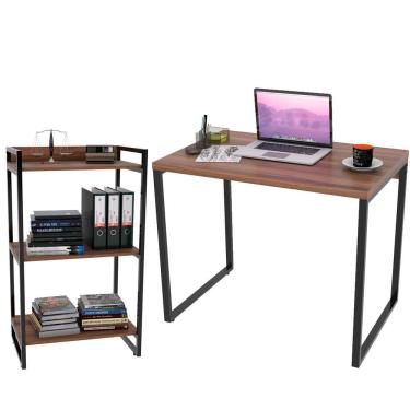 Imagem de Kit Mesa Para Escritório com Estante Office Estilo Industrial Form C01 90 cm Nogal - Lyam Decor