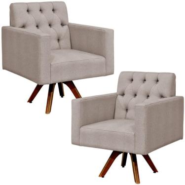 Imagem de Kit 02 Poltronas Giratórias Base de Madeira Manu L02 Capitonê Linho Bege - Lyam Decor