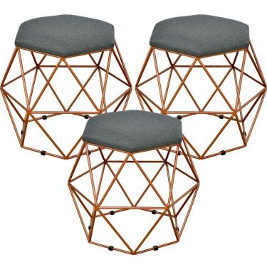 Imagem de Kit 03 Puffs Decorativo Aramado Bronze Six L02 Linho Chumbo - Lyam Decor