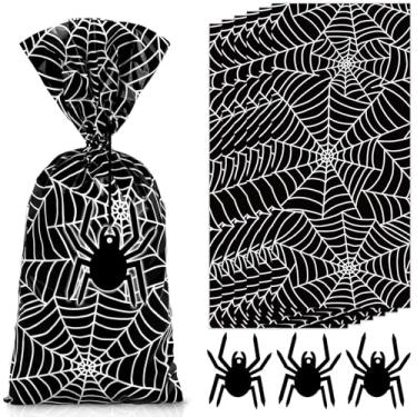 Imagem de JarThenaAMCS 100 unidades de sacos de celofane de Halloween com etiquetas de papel de aranha preta saco de petiscos de plástico para doces para lembrancinhas de festa de fim de ano