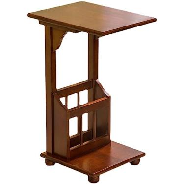 Imagem de Mesa de sala de estar, mesa lateral de lanche de madeira maciça, mesa de cabeceira em forma de C, bandeja de TV com prateleira de armazenamento e cesta de revistas para sofá, sala de estar, quarto