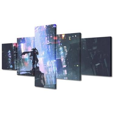 Imagem de Arte de parede emoldurada de 5 peças Building in Cyberpunk City, pintura de parede samurai futurista, arte de parede samurai japonesa para sala de estar, quarto, escritório, decoração de parede