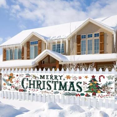 Imagem de Saoplasa Faixa de Natal 395 x 50 cm, cenário de Feliz Natal, árvore de mel, bengala, floco de neve, decoração de Natal, fundo de parede, para decoração de festas internas e externas