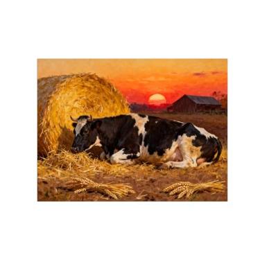 Imagem de Quadro parede outono-sol campo trigo vaca Impressões em tela paisagens-Pintura animais para sala estar decoração fazenda 60x80cm Sem Moldura