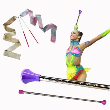 Imagem de Oiloda 2 bastões para girar e 2 peças de fitas de dança, bastão giratório de 53 cm de ginástica rítmica para condução de marcha para Baton Twirler, shows de talentos e dança artística (rosa e roxo)
