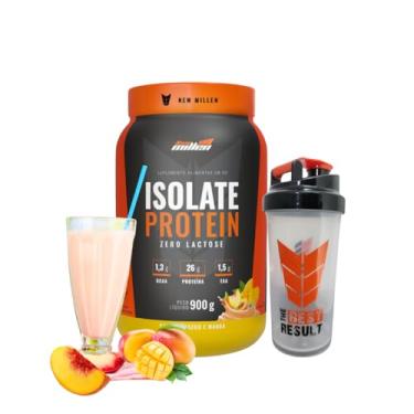 Imagem de Kit Whey Isolate Zero Lactose 900g pote + Coqueteleira 600ml transparente New Millen (900, Pessego com manga)