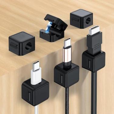 Imagem de Pacote com 6 organizadores de cabos magnéticos pretos, solução de gerenciamento de cabos para mesa e escritório, mantenha os cabos do carregador USB do telefone organizados e ocultos