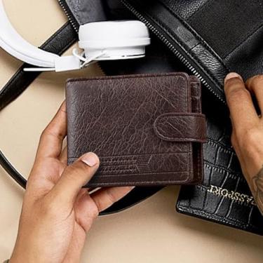 Imagem de Carteira masculina, carteira de couro macio com bolso para moedas, janelas, compartimentos para cartões, compartimentos para dinheiro e bolso com zíper, carteira dobrável, Marrom, Simples