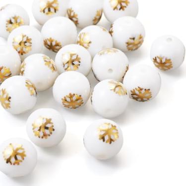 Imagem de 20 peças de contas de vidro redondas de Natal de 10 mm galvanizadas com padrão de floco de neve, esferas, espaçadores, para fazer joias de Natal, pulseira, colar, brincos, colar, chaveiro, dourado