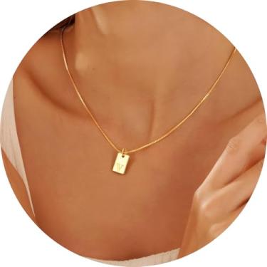 Imagem de Colar com inicial feminina, pingente retangular banhado a ouro 18K, joia mínima de A a Z, colar personalizado, 18+2in, Aço inoxidável, Sem Pedra Preciosa