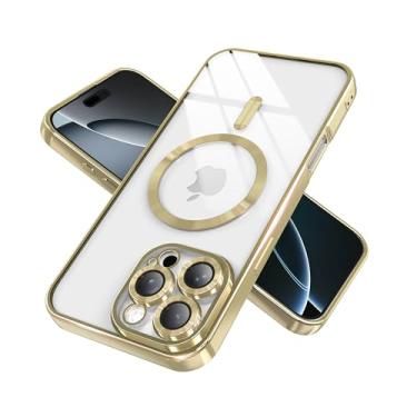 Imagem de BOBULIER Capa transparente magnética para iPhone 16 Pro com capa de câmera completa | Compatível com MagSafe | TPU antiamarelamento e moldura brilhante, ajuste fino à prova de choque - dourado